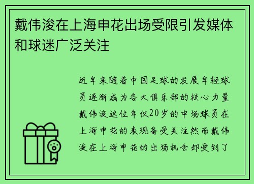 戴伟浚在上海申花出场受限引发媒体和球迷广泛关注