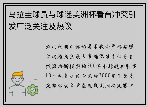 乌拉圭球员与球迷美洲杯看台冲突引发广泛关注及热议