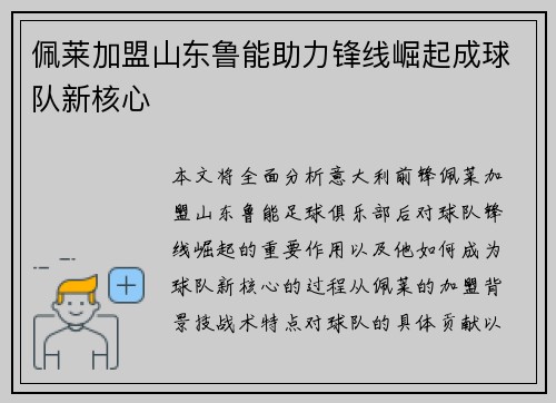 佩莱加盟山东鲁能助力锋线崛起成球队新核心 佩莱加盟山东鲁能助力锋线崛起成球队新核心