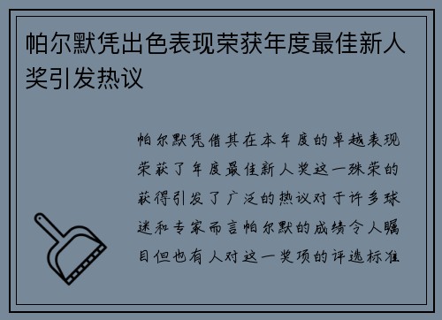 帕尔默凭出色表现荣获年度最佳新人奖引发热议 帕尔默凭出色表现荣获年度最佳新人奖引发热议
