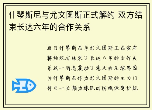 什琴斯尼与尤文图斯正式解约 双方结束长达六年的合作关系