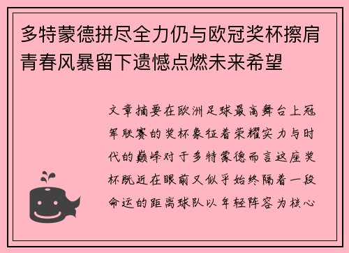 多特蒙德拼尽全力仍与欧冠奖杯擦肩青春风暴留下遗憾点燃未来希望